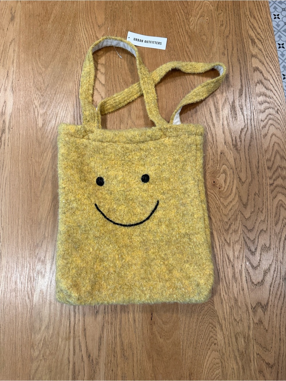 Smiley Face Wool Blend Tote Bag Mustard Yellow Happy Face NWT - Picture 8 of 8